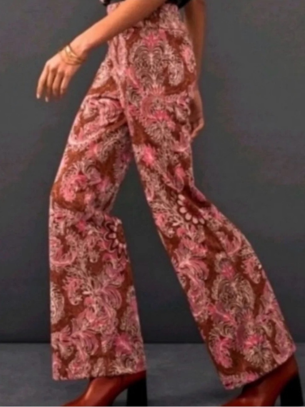 Maeve Pink and Brown Paisley Printed High Rise Flare Pants - Size 2